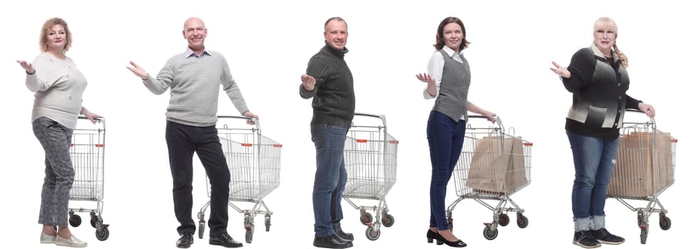 group of people with cart and outstretched hand thumbs up isolated on white background