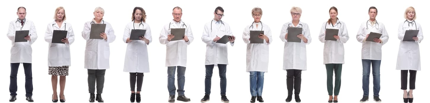 full length group of doctors with notepad isolated on white background