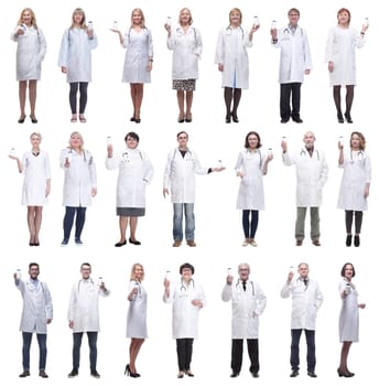 group of doctors holding jar isolated on white background