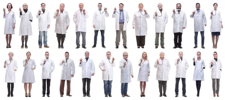 group of doctors holding stethoscope isolated on white background