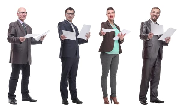 collage of people holding a4 sheet in hands isolated on white background