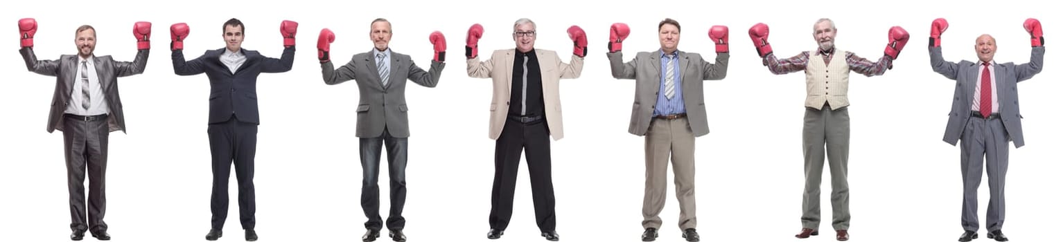 collage of businessmen in boxing gloves isolated on white background