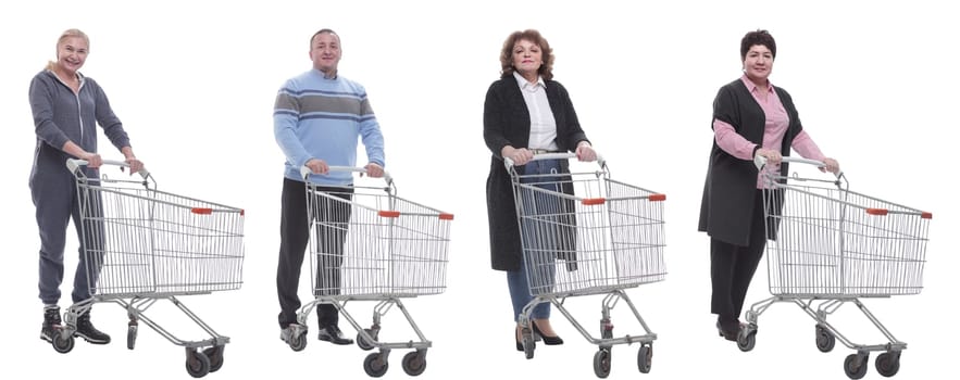 a group of people with a shopping cart stand in a row isolated on a white background