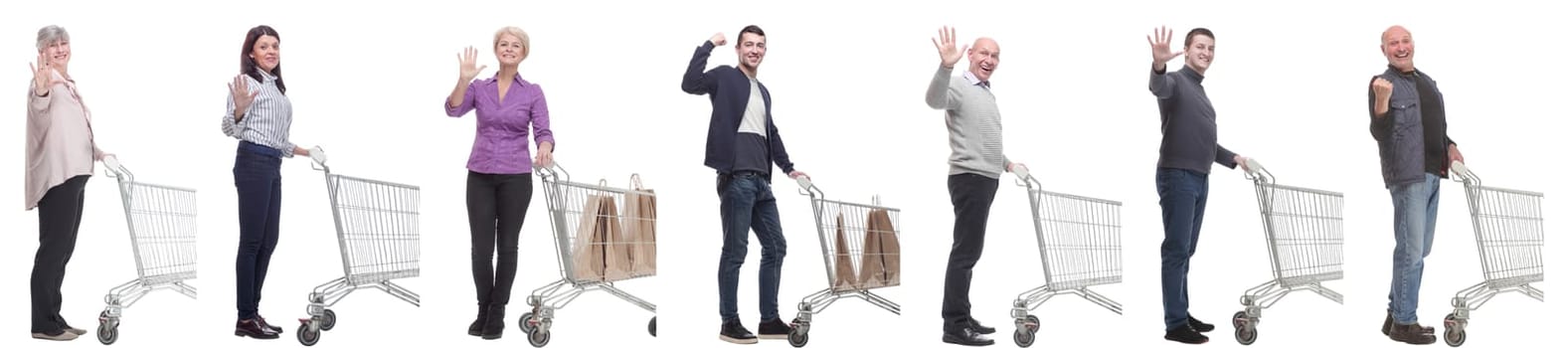 group of people with cart isolated on white background
