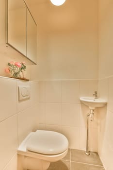 a small bathroom with a toilet and flower in the corner on the wall next to the sink is also white