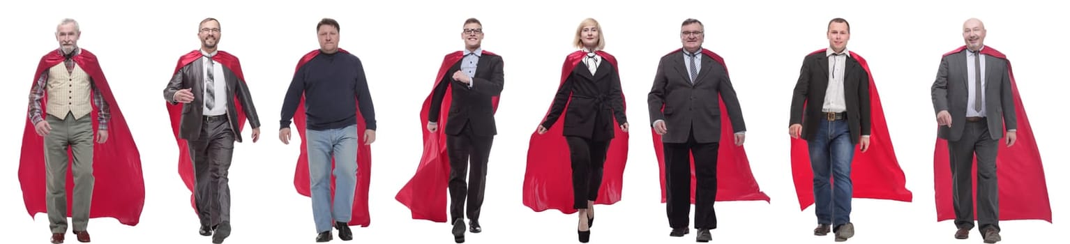 group of people in red raincoat isolated on white background