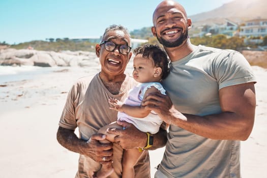 Baby, beach and family with a father, grandfather and son on the sand during a summer vacation together. Children, travel and love with a man, boy and senior parent by the sea or ocean for holiday.
