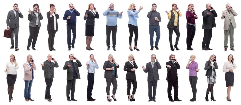 group of people holding phone in hand isolated on white background