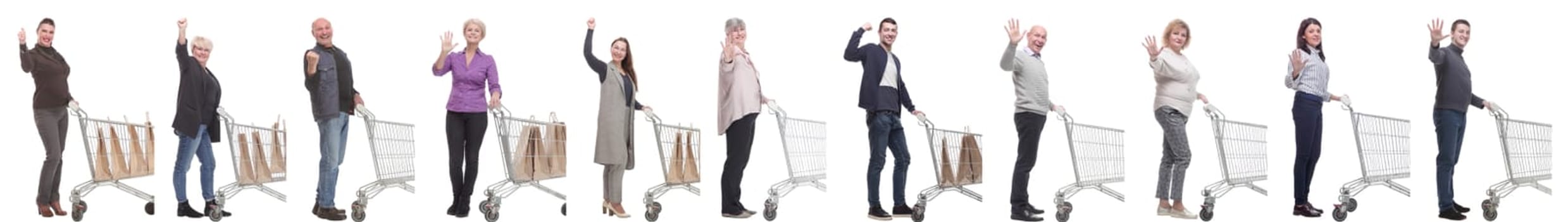 group of people with cart isolated on white background