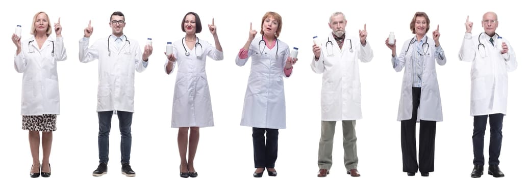 group of doctors holding jar isolated on white background