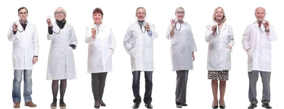 group of doctors holding stethoscope isolated on white background
