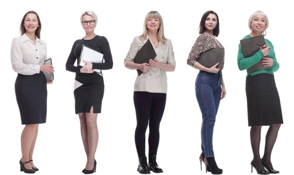 group of successful people with notepad in hands isolated on white background