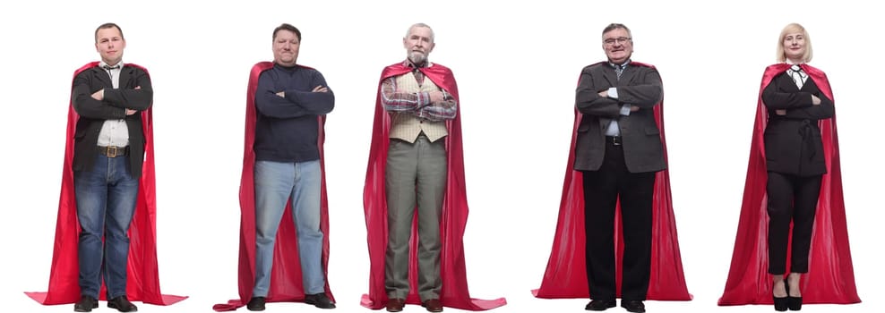 group of people in red raincoat isolated on white background