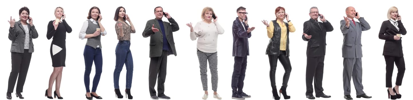 group of people holding phone in hand isolated on white background