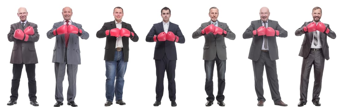collage of businessmen in boxing gloves isolated on white background