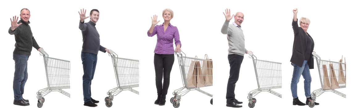 group of people with cart isolated on white background