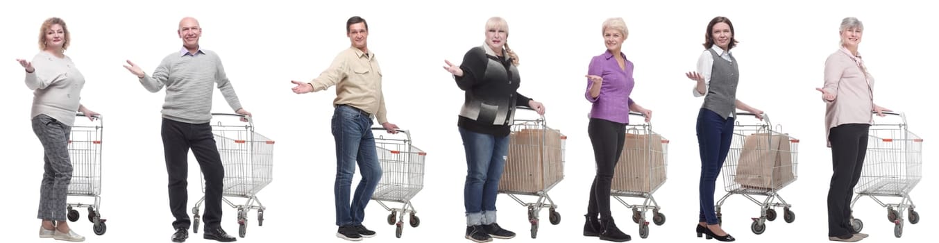 group of people with cart and outstretched hand thumbs up isolated on white background