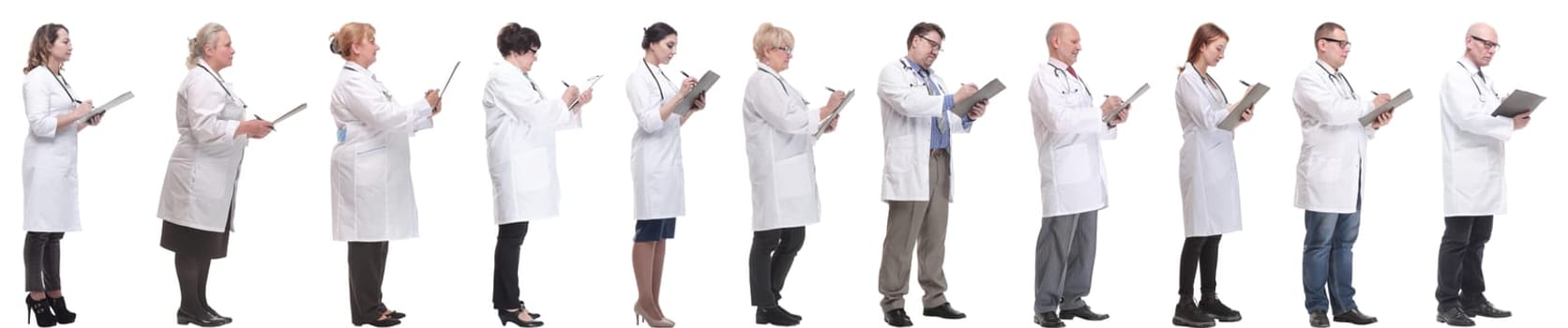 full length group of doctors with notepad isolated on white background