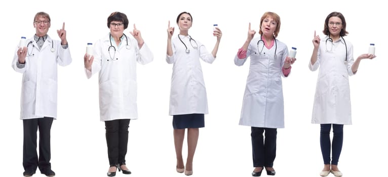 group of doctors holding jar isolated on white background