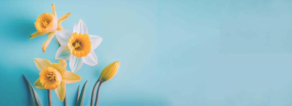 Spring easter background with top view of daffodils bouquet on light blue background with copy space.