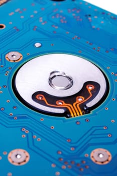 Board inside a computer hard drive close up