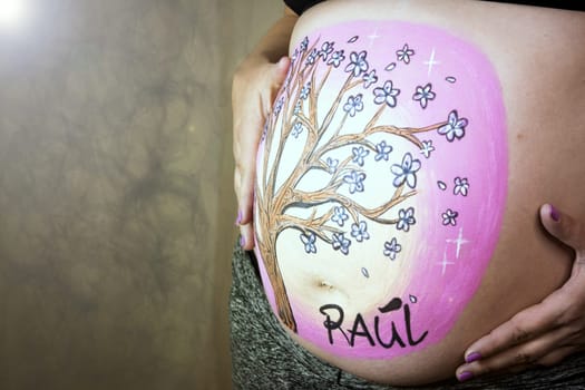 Pregnant woman with drawing on her belly. No copy space