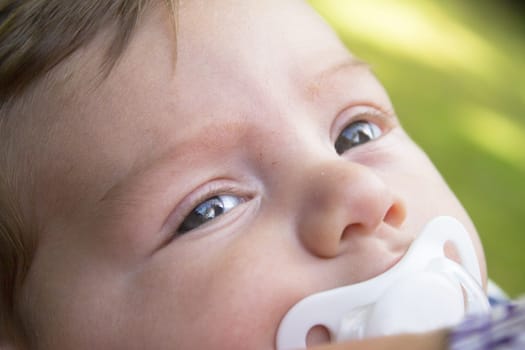 Two month old baby with pacifier. No sleeping