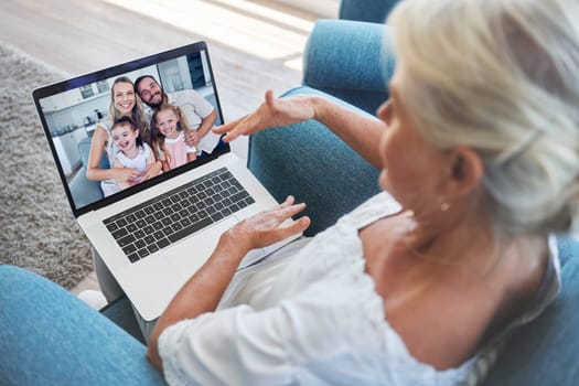 Love, family and video call on laptop with grandmother for online communication with relatives. Retirement, senior and elderly grandma on internet screen call with grandchildren and parents