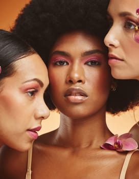 Beauty, flower and group of women with makeup in studio, model for fashion, cosmetics and skincare. Diversity, beauty products and portrait of African girls face for spa, skincare and skin wellness.