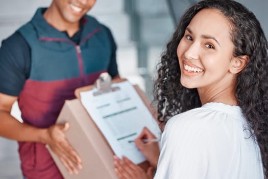 Woman, sign delivery document and ecommerce package in a box from courier man for online shopping order. Safe global, home distribution and shipping transportation of goods from internet retail store.