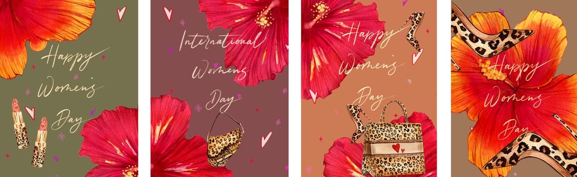 A collection of greeting cards for International Women's Day. Hand-painted watercolor illustration in a fashionable cartoon style of four postcard concepts with tropical spring flowers, shoes, handbags, cosmetics. Hand-drawn aquarelle illustrations.