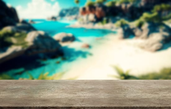 Wooden table top on blurred beach background, summer concept.