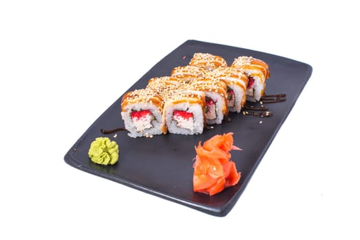 Japanese Cuisine - Sushi Roll with Shrimps and Conger, Avocado, Tobiko and Cheese. sushi rolls tempura,japanese food style