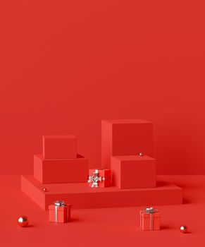 Scene of red color geometric shape podium with gifts for product advertisement, 3d rendering