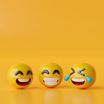 Happy emoji icons on yellow background, 3d illustration
