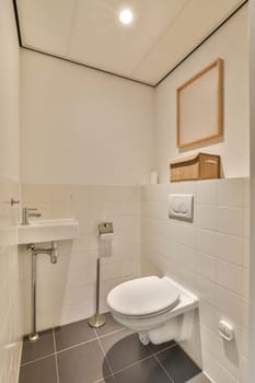 a white toilet in a bathroom with black tiles on the floor, and a mirror hanging over the wall above it