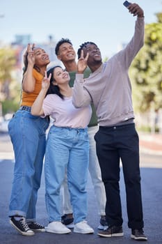 Friends, selfie with peace, urban and group photography in street, smartphone and travel with youth in Washington DC. Phone, social media content and smile in picture, v hand sign and trip outdoor
