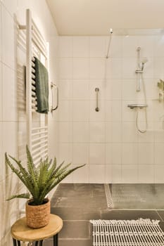 a bathroom with a plant on the floor and a shower stall in the corner, next to it is a white tiled wall