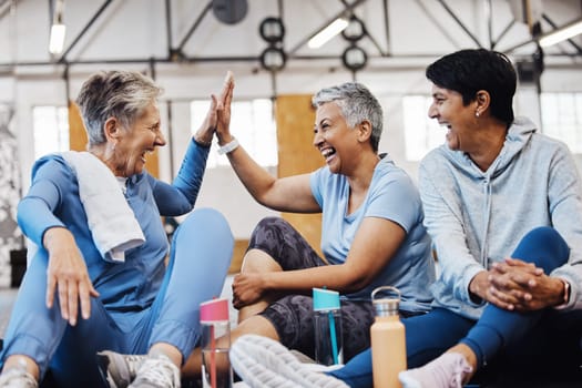 Gym, high five and group of mature women celebrate after fitness class, conversation and congratulations on floor. Exercise, bonding and happy senior woman with friends sitting together at workout