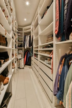 a walk - in closet with white shelvings and lots of clothes hanging on the walls, all lined up