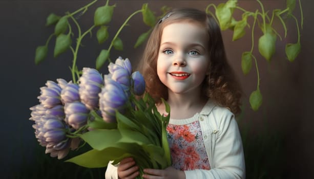 Beautiful young girl with a bunch of spring flowers, Women's day, Mother's day greeting card. High quality photo