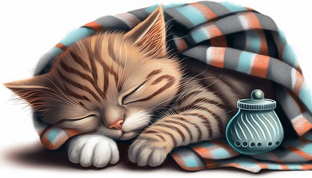 gray kitten sleeping on gray plaid wool blanket with tassels, embracing soft beige knitted toy. High quality photo