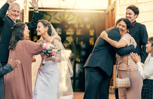 Family, wedding at church for the bride and groom hugging in celebration and happiness for marriage ceremony farewell. Happy married couple saying their good byes or celebrating together at the venue.