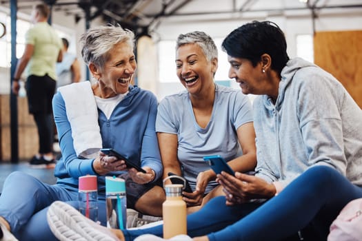 Gym, smartphone and senior women laughing at meme on phone after fitness class, conversation and comedy on floor. Exercise, bonding and happy mature friends checking social media together at workout