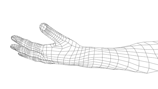 Open palm hand gesture of male hand. 3d illustration. Wire-frame style