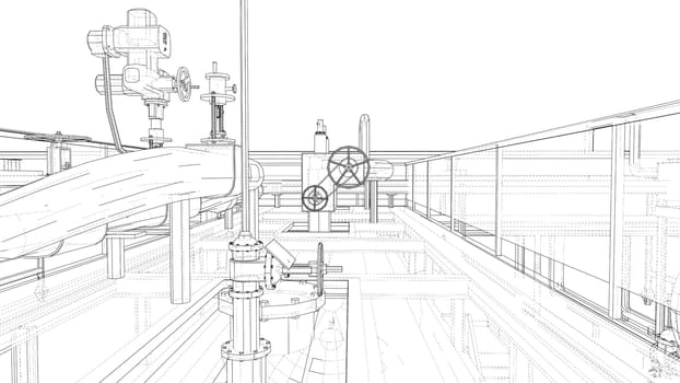 Sketch of industrial equipment. 3d illustration. Wire-frame style