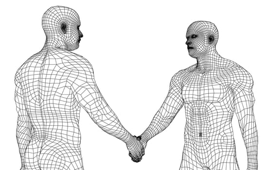 Two men shaking hands. 3d illustration. Wire-frame style. The concept of friendship, partnership and cooperation