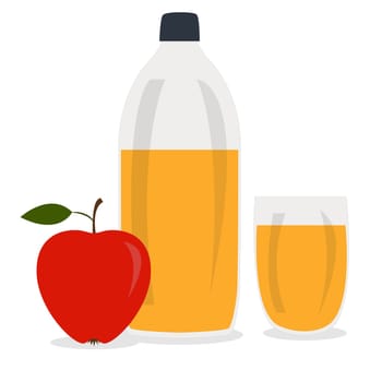 Bottle of apple cider vinegar, glass with drink and red apple. Vector flat cartoon illustration.
