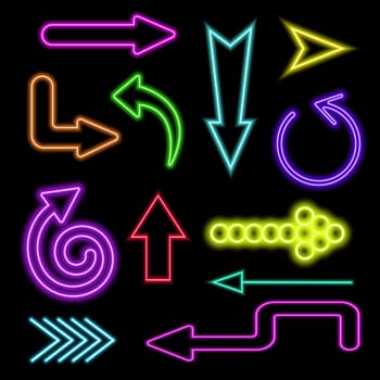 Neon glowing arrows big set. Lightning signs on dark background. Vector illustration.