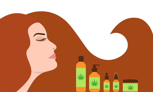 Woman with long strong hair near cbd oil products. Various herbal hemp or cannabis cosmetics for beauty. Vector illustration.